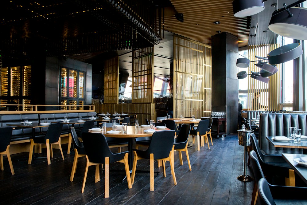 A warmly lit restaurant interior